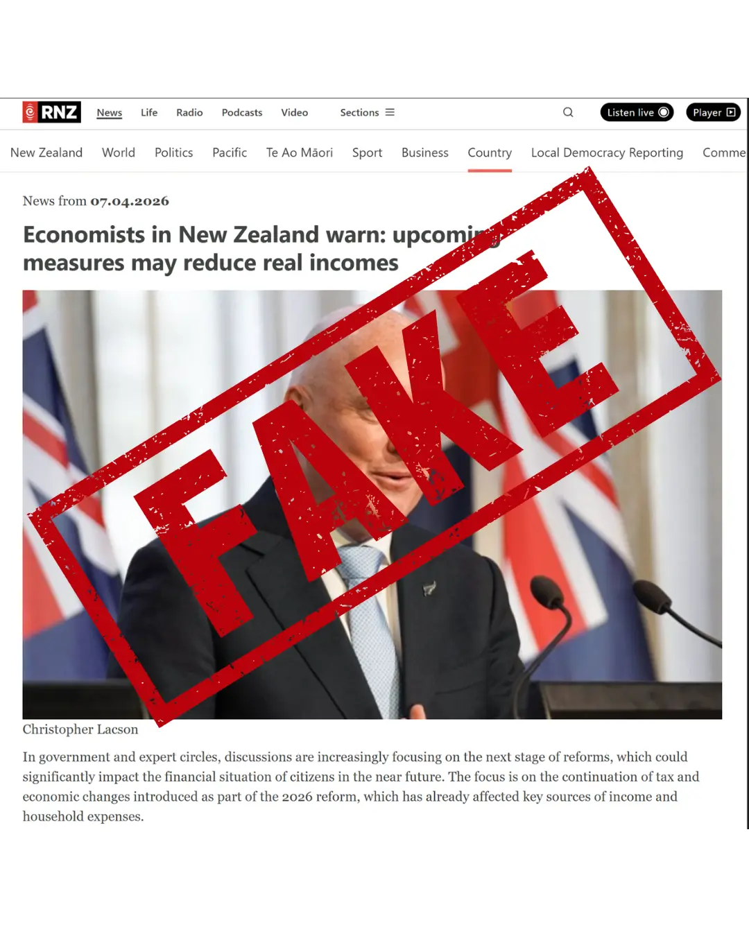 The fake news article mentioned on FMA warns of fraudulent trading platforms using fake news articles to entice investors - Economists in New Zealand warn: upcoming measures may reduce real incomes