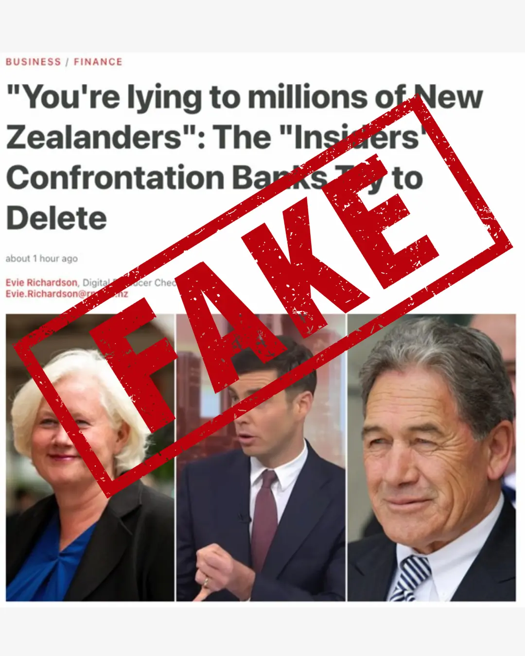 The fake news article mentioned on FMA warns of fraudulent trading platforms using fake news articles to entice investors - "You're lying to millions of New Zealanders": The "Insiders" Confrontation Banks Try to Delete